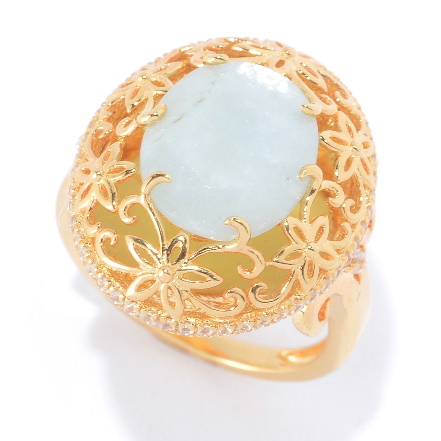 Pinctore 18K Yello Vermeil Oval Milky Aquamarine & White Zircon Flower Ring - pinctore