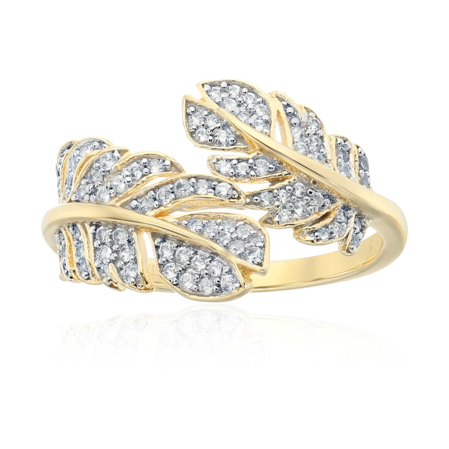 Pinctore Yellow Gold-Plated Silver White Zirconia Leaf bypass Anniversary Ring - pinctore