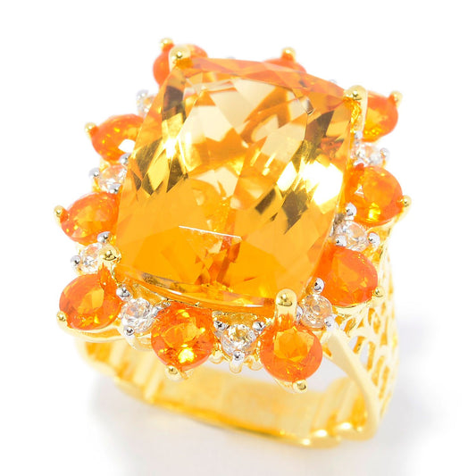 925 Sterling Silver Citrine, Fire Opal, White Natural Zircon Ring - Pinctore