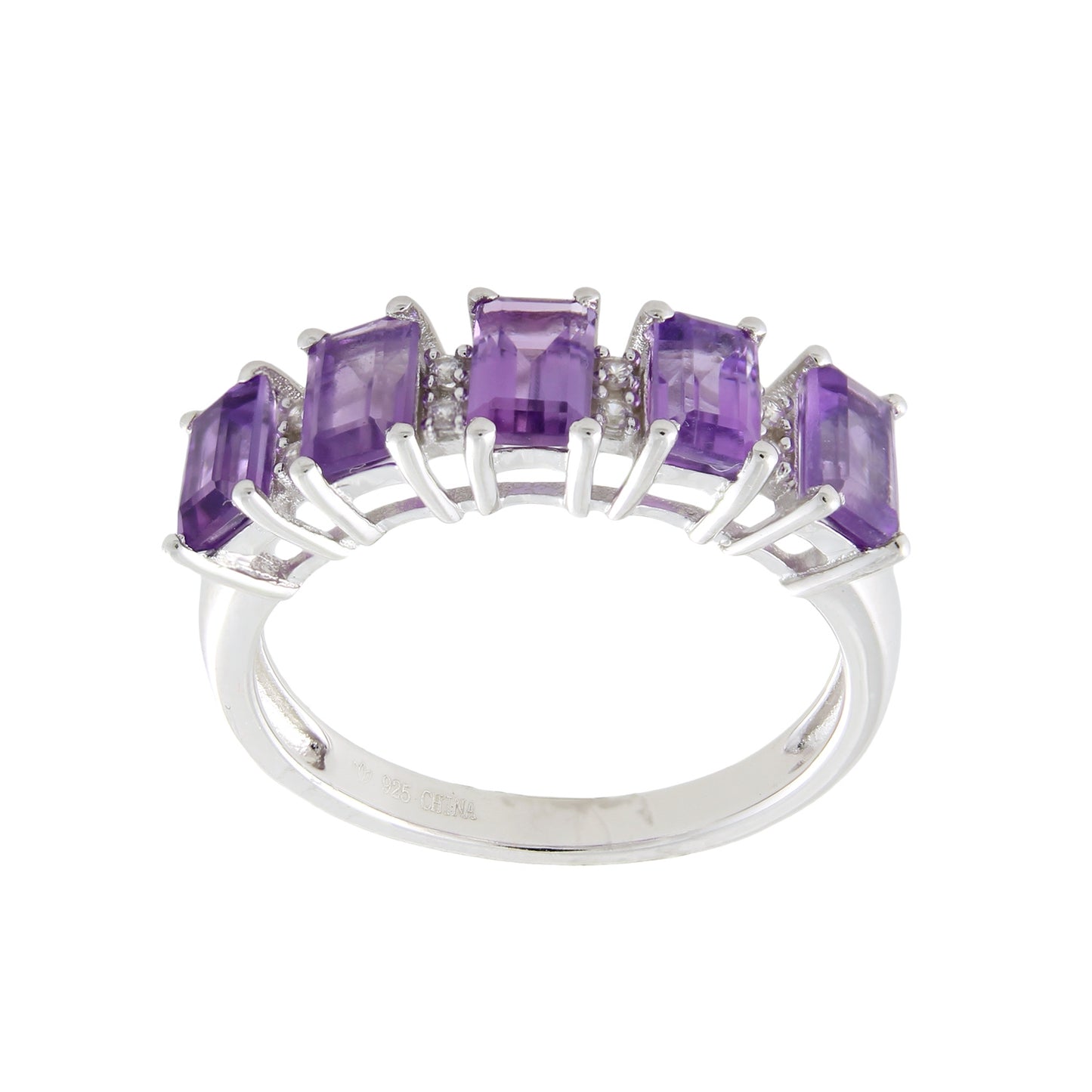 Sterling Silver 1 2/5ct Emerald-cut Amethyst and White Zircon Ring - Pinctore