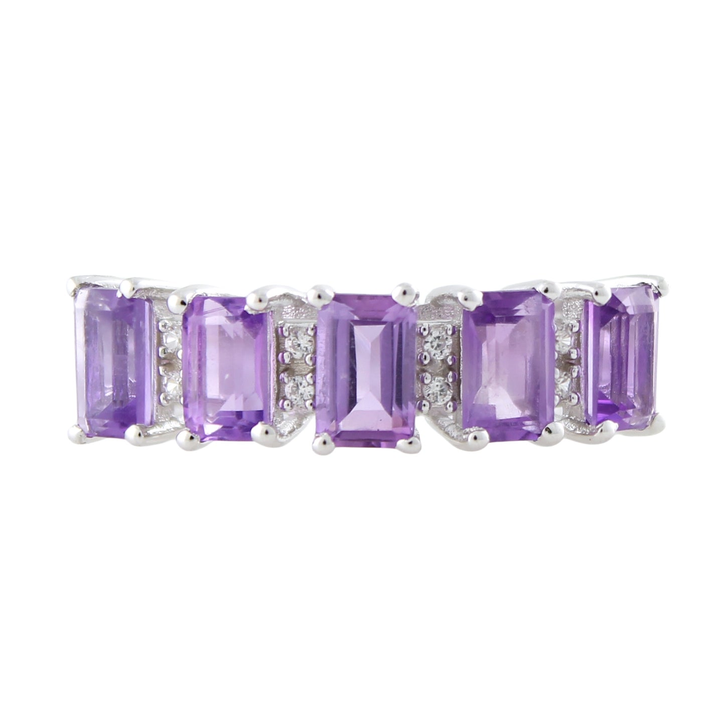 Sterling Silver 1 2/5ct Emerald-cut Amethyst and White Zircon Ring - Pinctore
