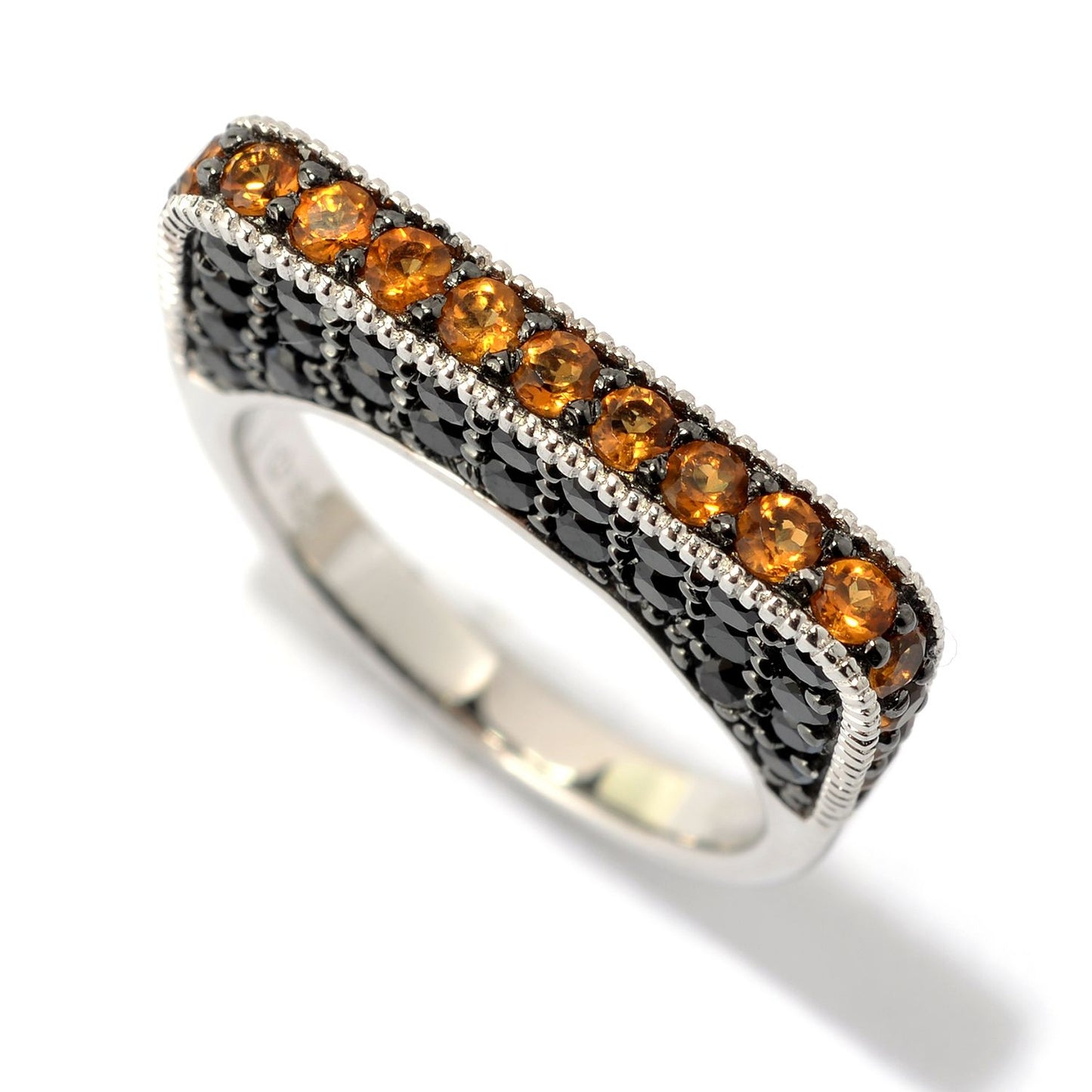 Sterling Silver Citrine & Black Spinel Flat Top Stack Band Ring - Pinctore