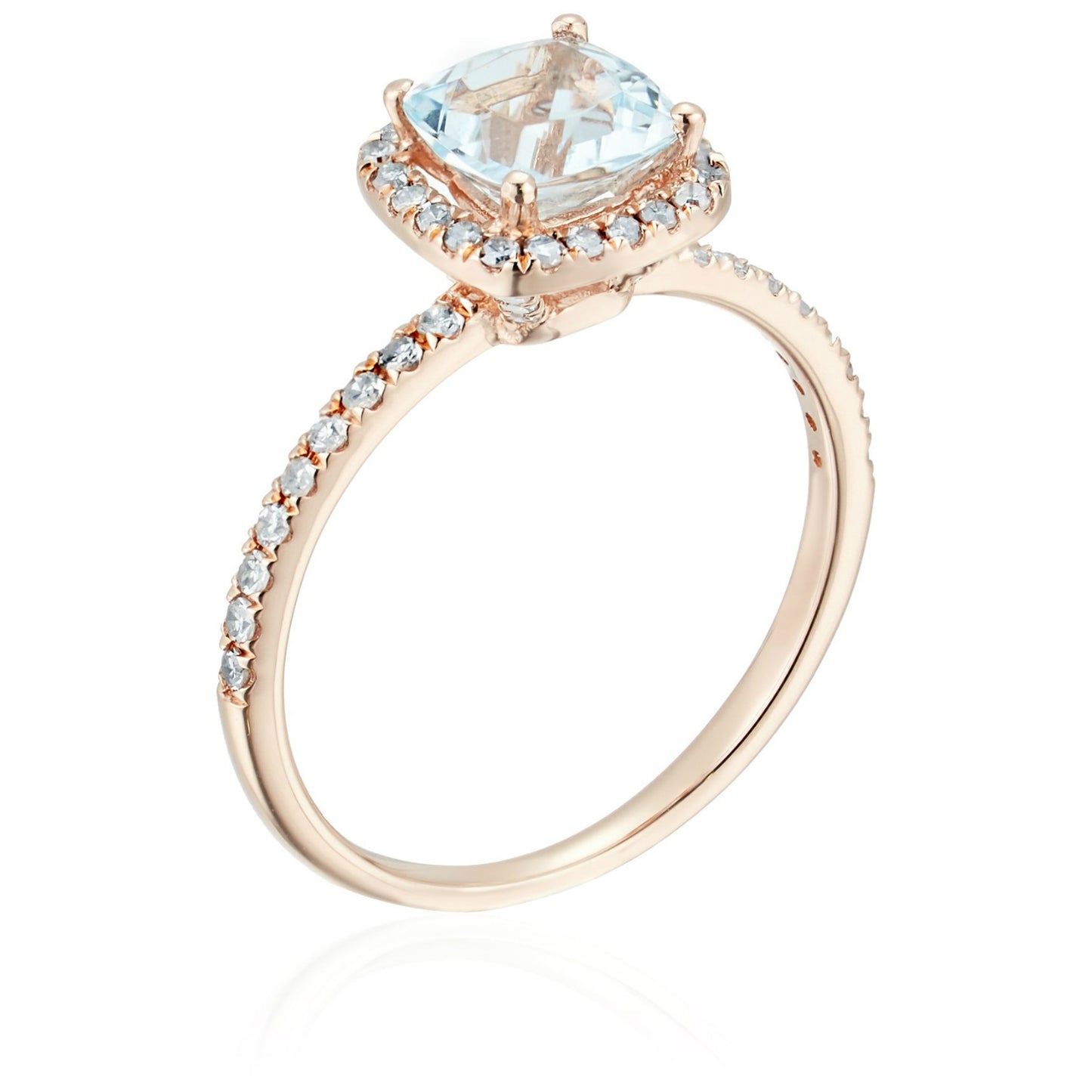 10k Rose Gold Aquamarine and Diamond Cushion Halo Engagement Ring (1/4cttw, H-I Color, I1-I2 Clarity), - pinctore