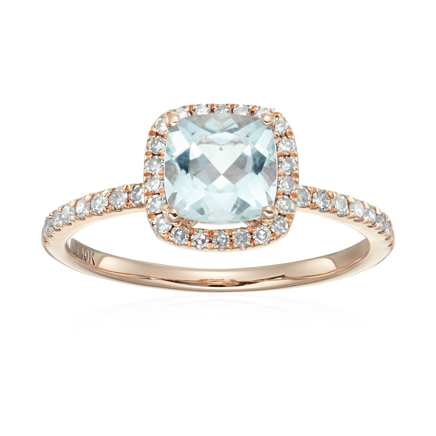 10k Rose Gold Aquamarine and Diamond Cushion Halo Engagement Ring (1/4cttw, H-I Color, I1-I2 Clarity), - pinctore