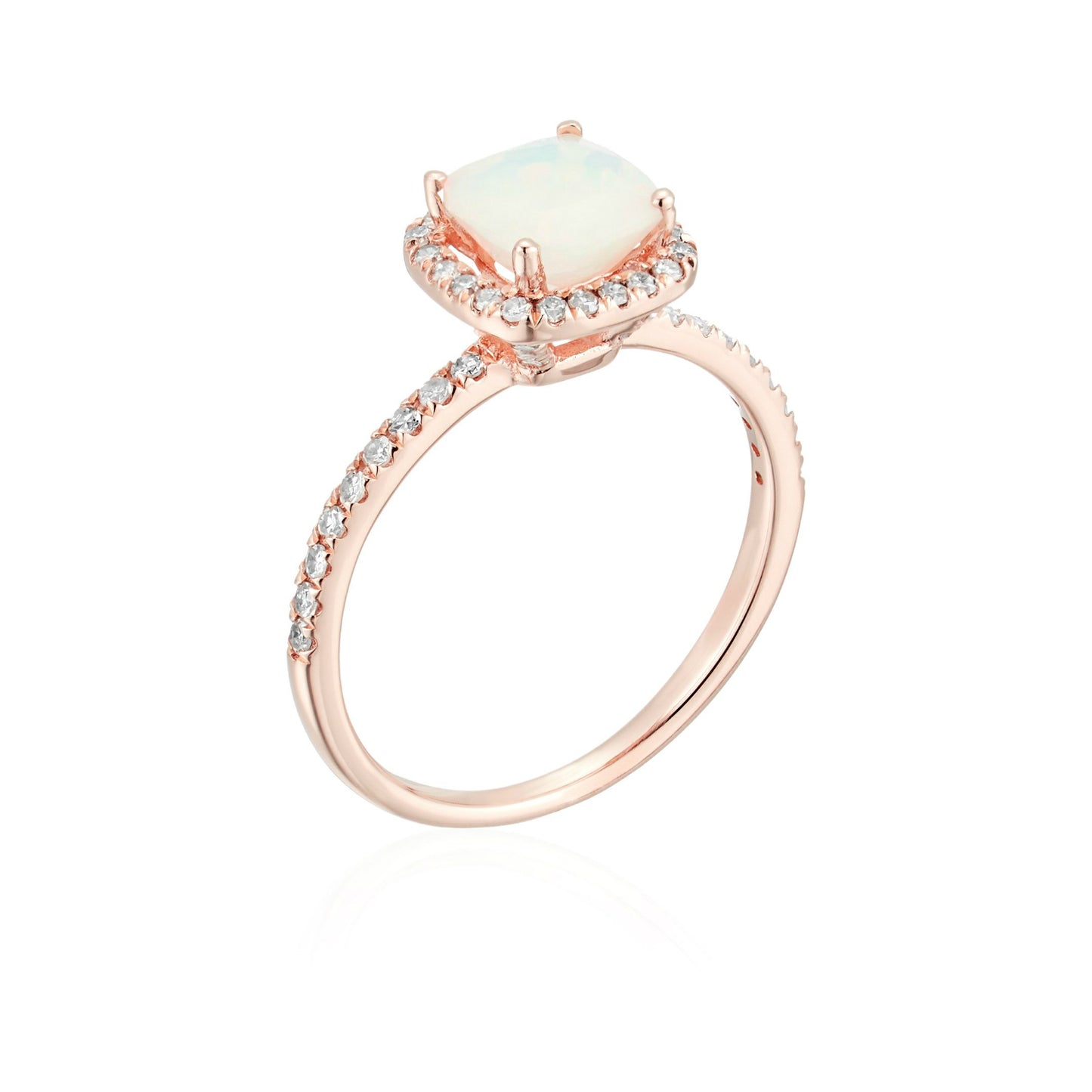 10k Rose Gold Ethiopian Opal and Diamond Cushion Halo Engagement Ring (1/4cttw, H-I Color, I1-I2 Clarity), - pinctore