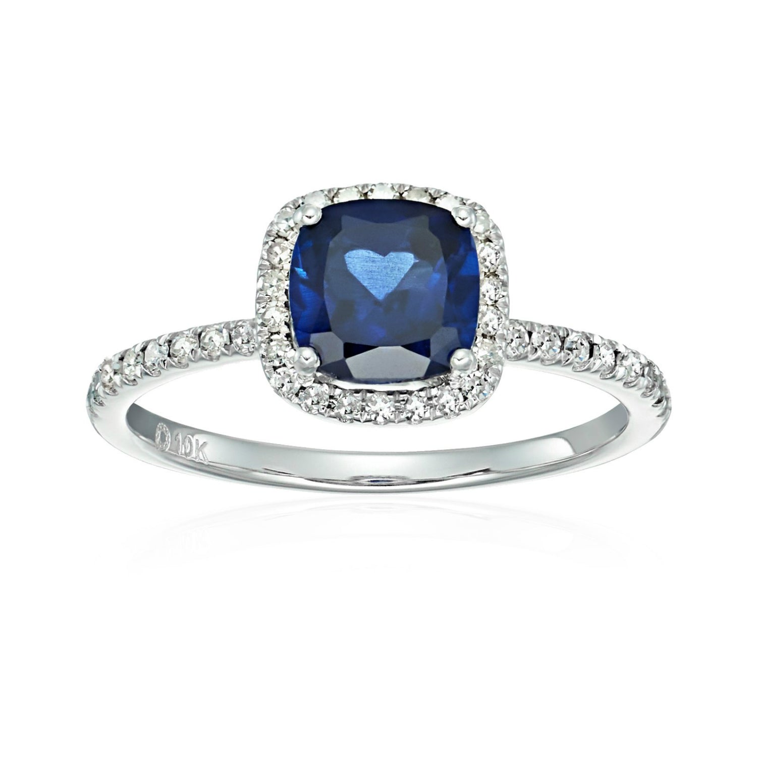 10k White Gold Created Blue Sapphire and Diamond Cushion Engagement Ring (1/4cttw, H-I Color, I1-I2 Clarity), - pinctore