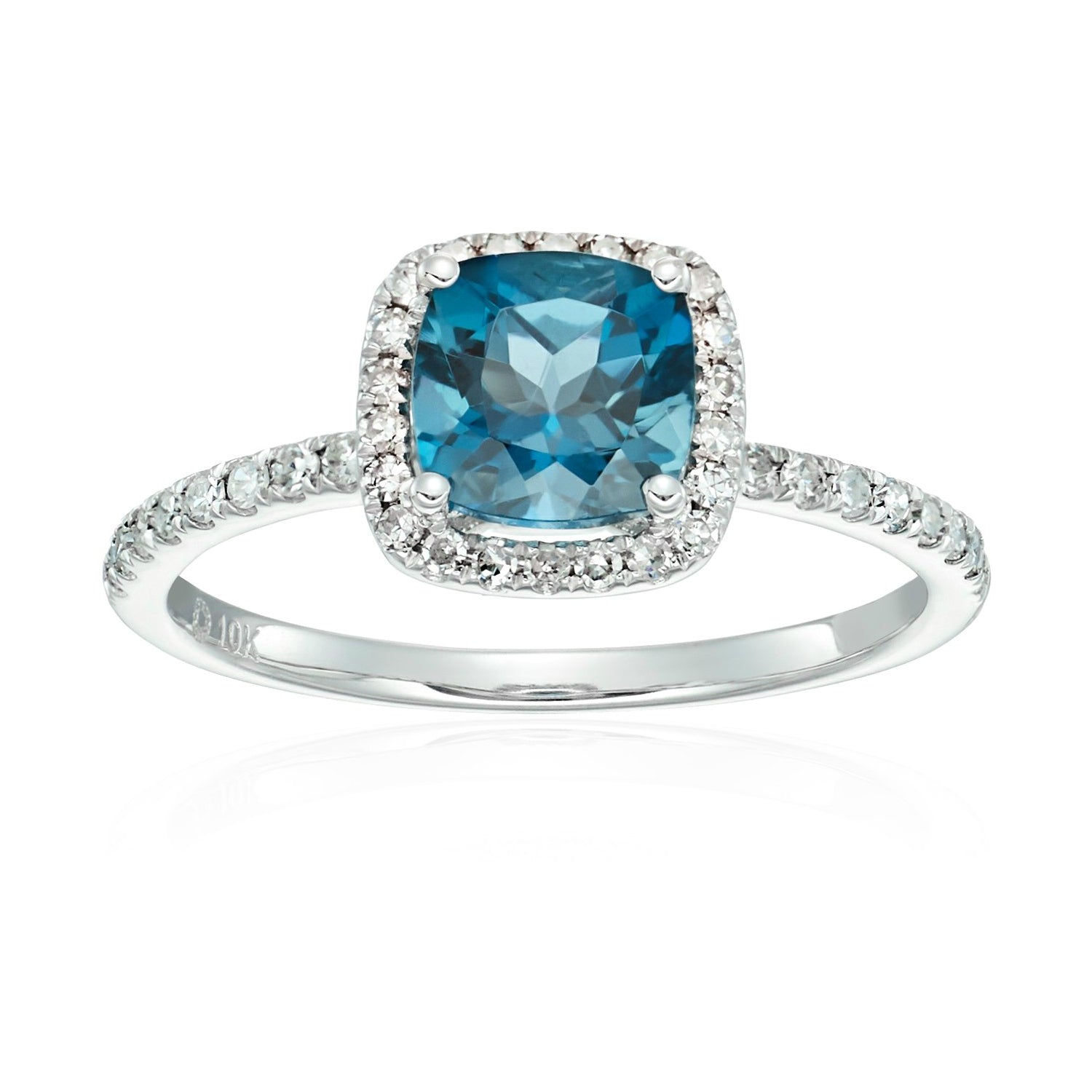 10k White Gold London Blue Topaz and Diamond Cushion Halo Engagement Ring (1/4cttw, H-I Color, I1-I2 Clarity), - pinctore