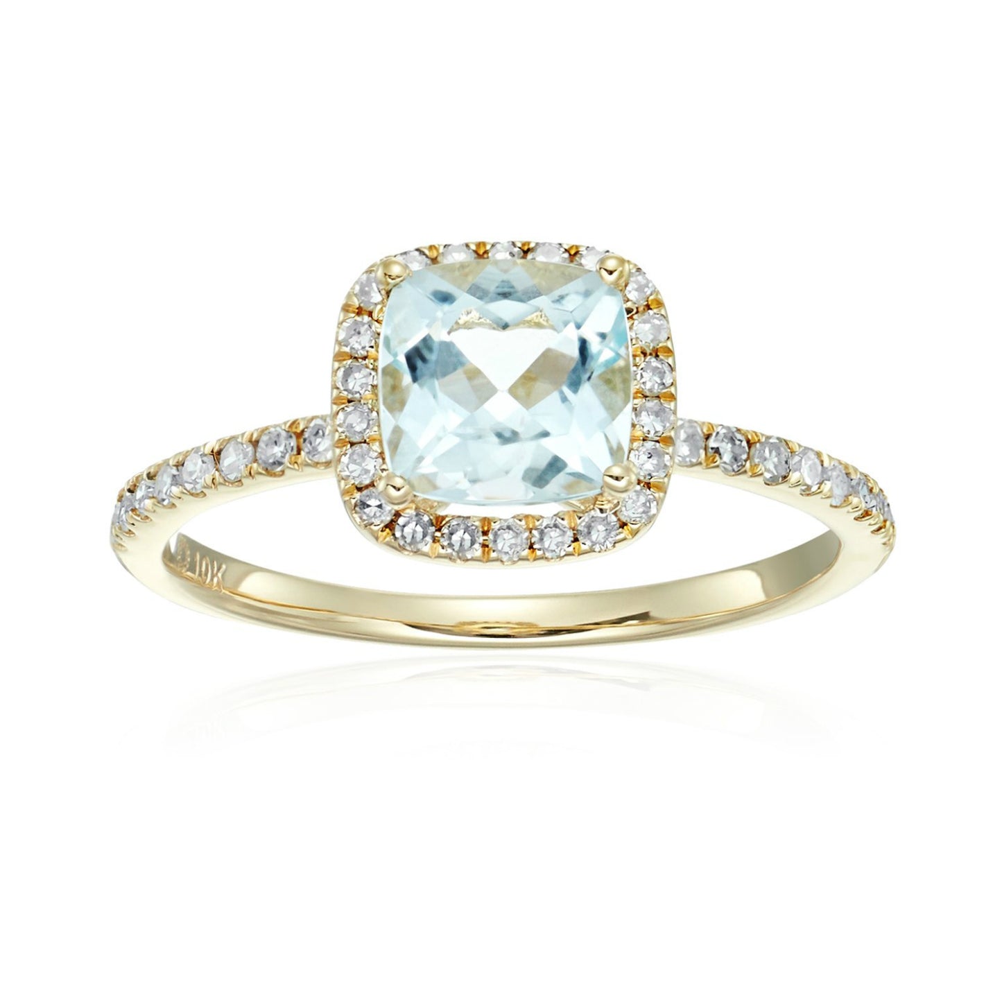 10k Yellow Gold Aquamarine and Diamond Cushion Halo Engagement Ring (1/4cttw, H-I Color, I1-I2 Clarity), - pinctore