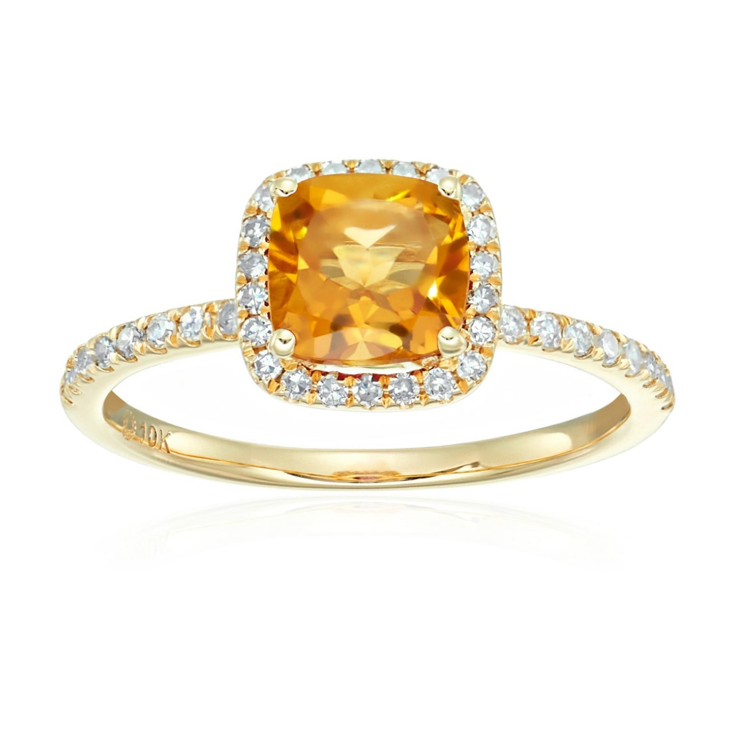 10k Yellow Gold Citrine and Diamond Cushion Halo Engagement Ring (1/4cttw, H-I Color, I1-I2 Clarity), - pinctore