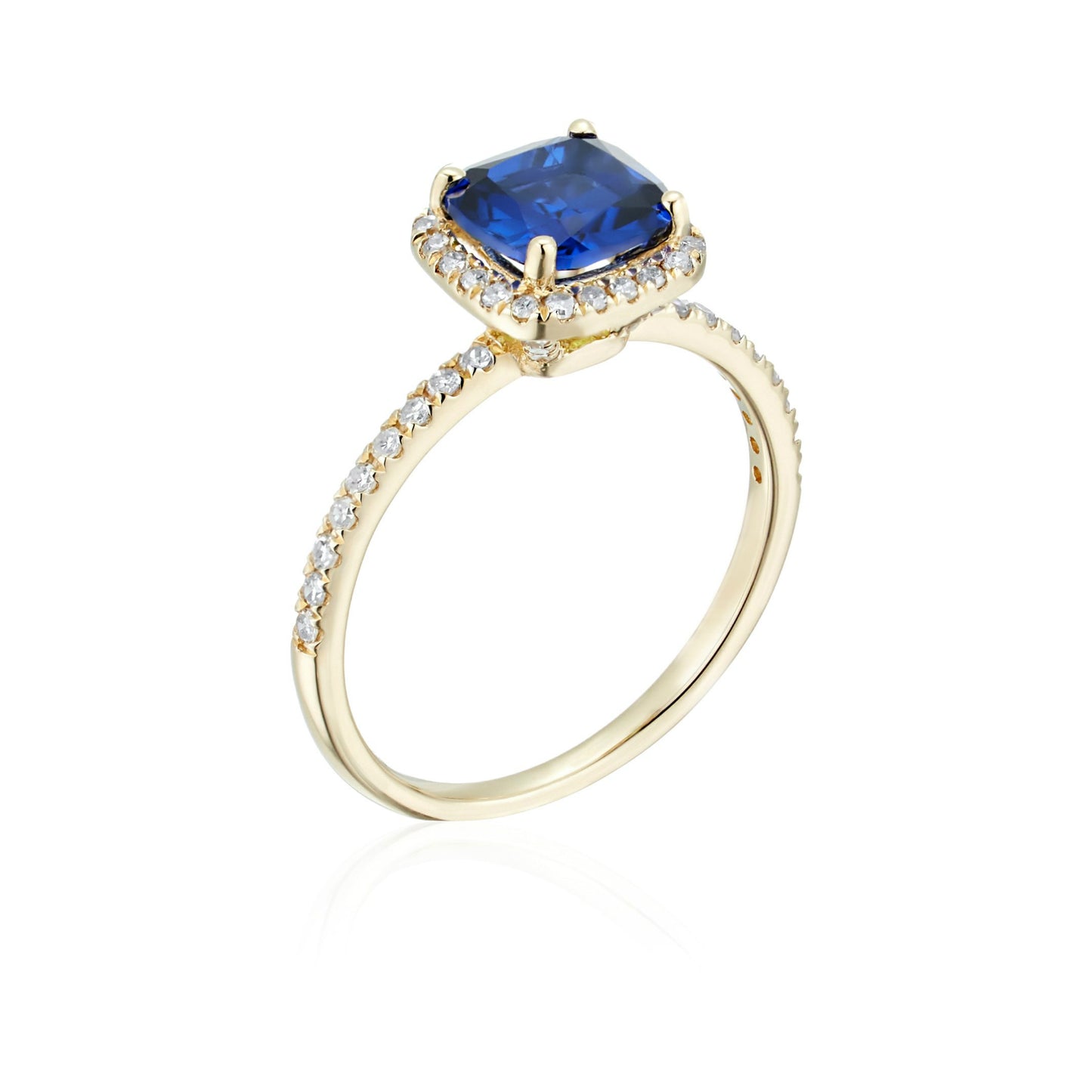 10k Yellow Gold Created Blue Sapphire and Diamond Cushion Engagement Ring (1/4cttw, H-I Color, I1-I2 Clarity), - pinctore