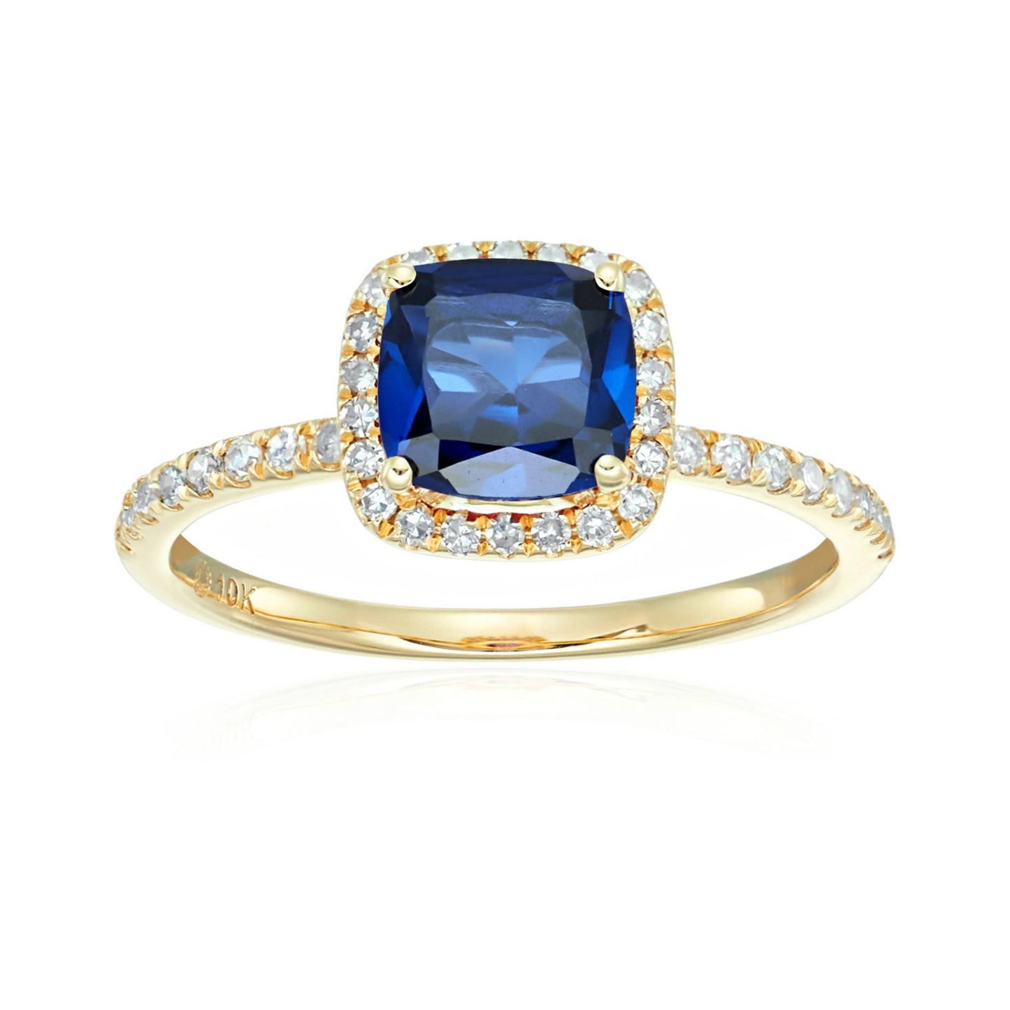 10k Yellow Gold Created Blue Sapphire and Diamond Cushion Engagement Ring (1/4cttw, H-I Color, I1-I2 Clarity), - pinctore