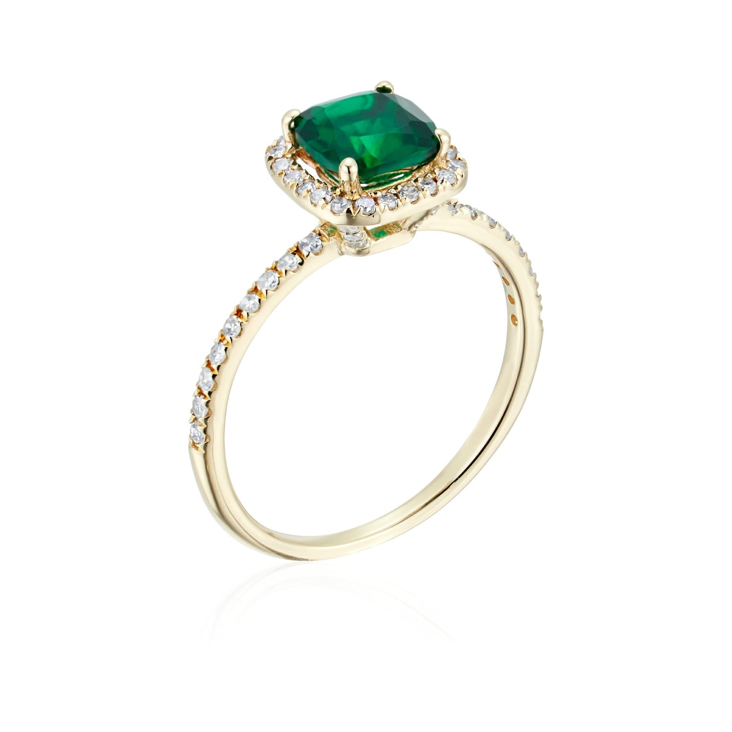 10k Yellow Gold Created Emerald and Diamond Cushion Halo Engagement Ring (1/4cttw, H-I Color, I1-I2 Clarity), - pinctore