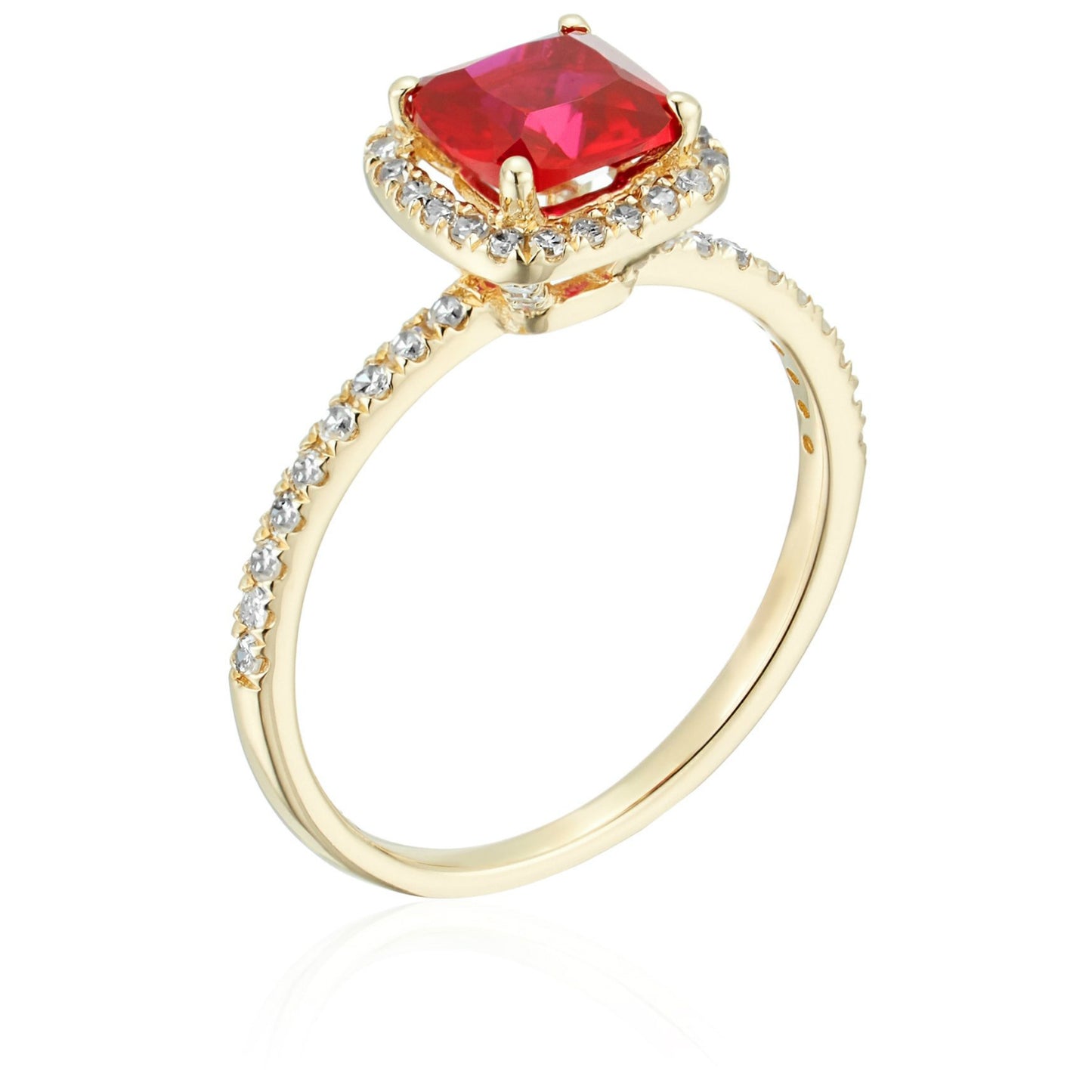 10k Yellow Gold Created Ruby and Diamond Cushion Halo Engagement Ring (1/4cttw, H-I Color, I1-I2 Clarity), - pinctore