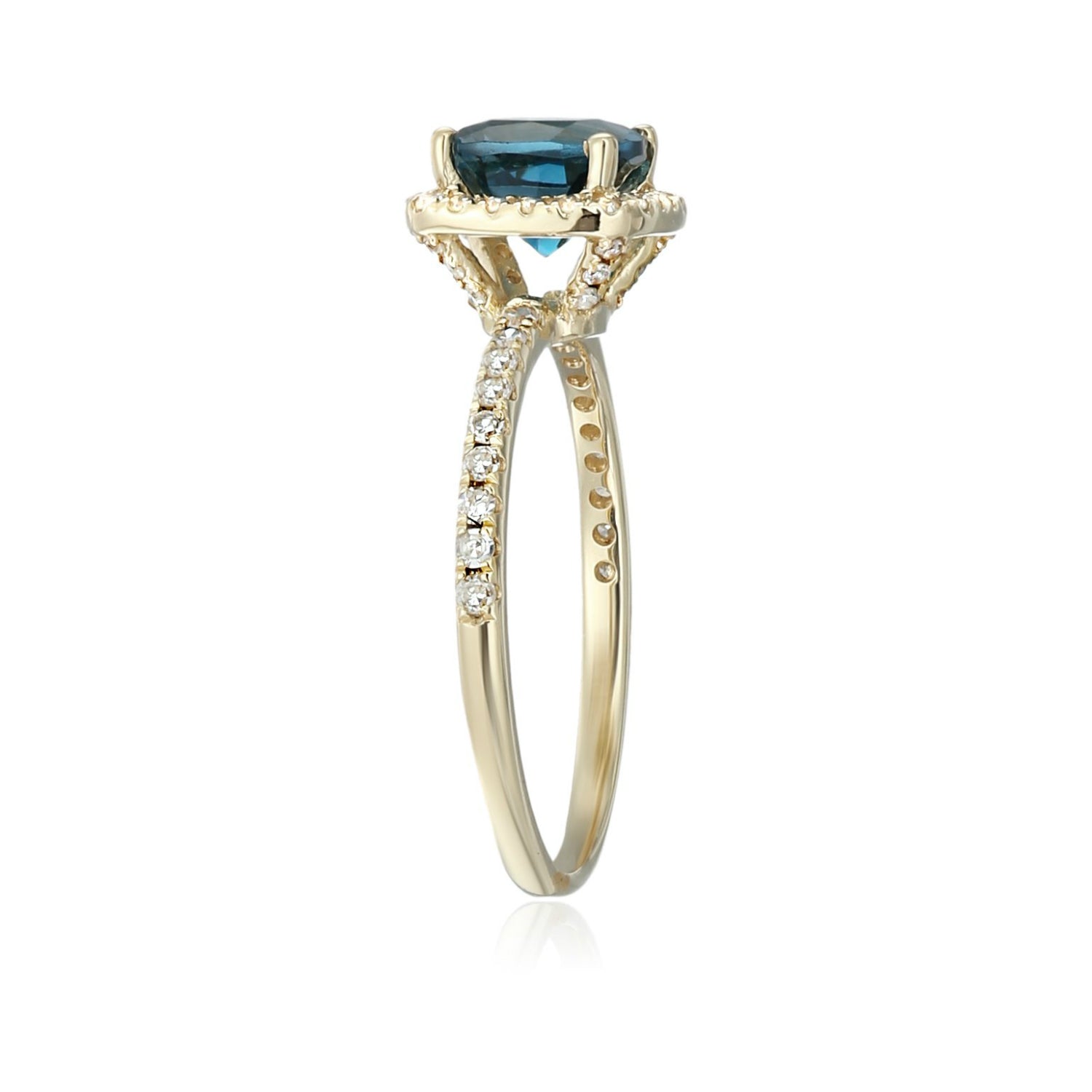 10k Yellow Gold London Blue Topaz and Diamond Cushion Halo Engagement Ring (1/4cttw, H-I Color, I1-I2 Clarity), - pinctore