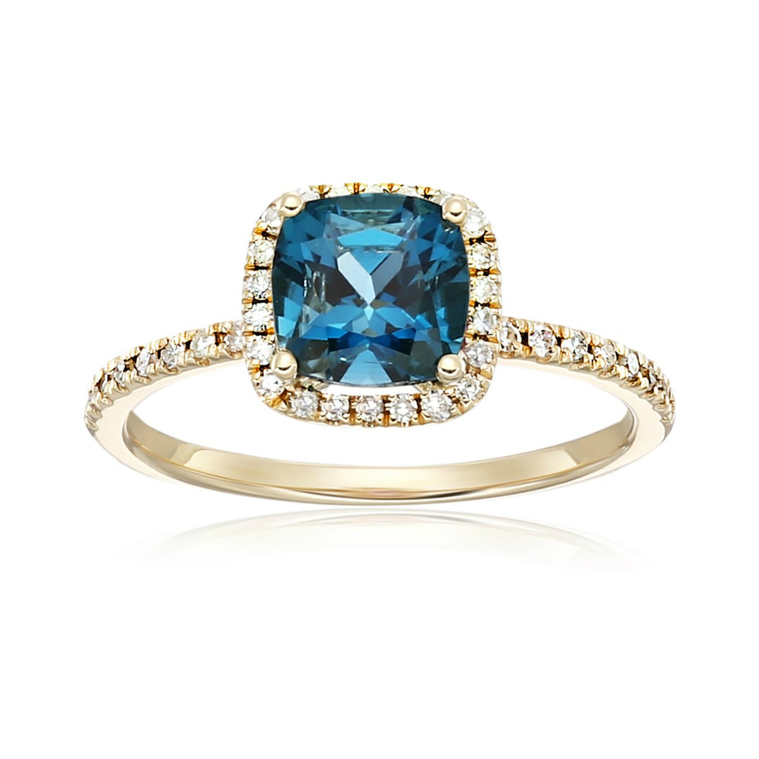 10k Yellow Gold London Blue Topaz and Diamond Cushion Halo Engagement Ring (1/4cttw, H-I Color, I1-I2 Clarity), - pinctore