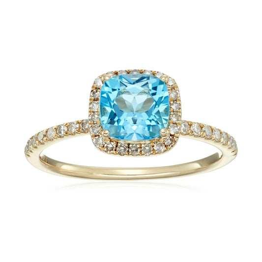 10k Yellow Gold Swiss Blue Topaz and Diamond Cushion Halo Engagement Ring (1/4cttw, H-I Color, I1-I2 Clarity), - pinctore