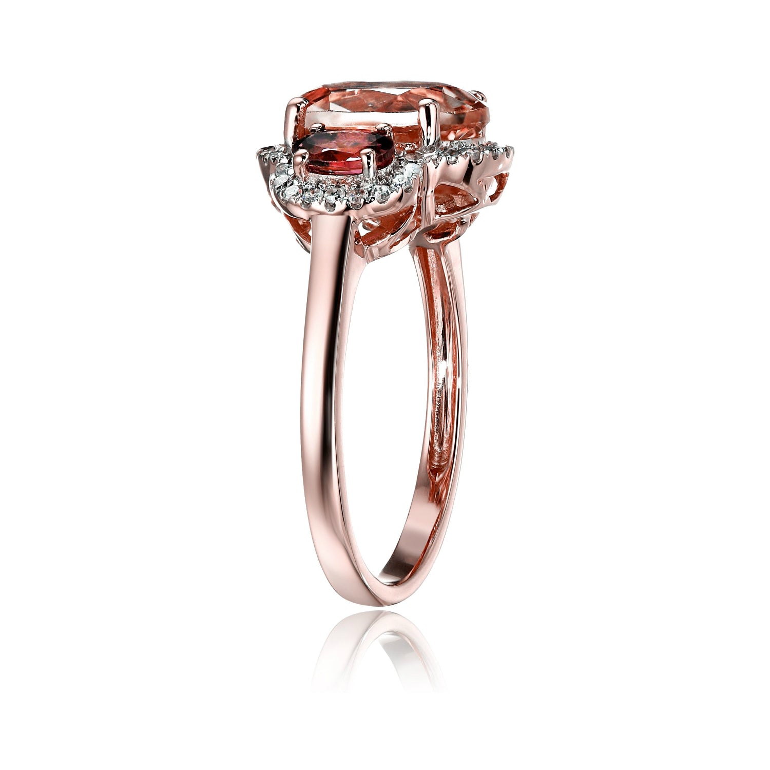 14k Rose Gold Morganite, Pink Tourmaline and Diamond 3-Stone Halo Engagement Ring (1/6cttw, H-I Color, I1-I2 Clarity), - pinctore