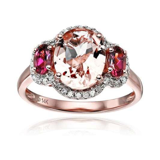 14k Rose Gold Morganite, Pink Tourmaline and Diamond 3-Stone Halo Engagement Ring (1/6cttw, H-I Color, I1-I2 Clarity), - pinctore