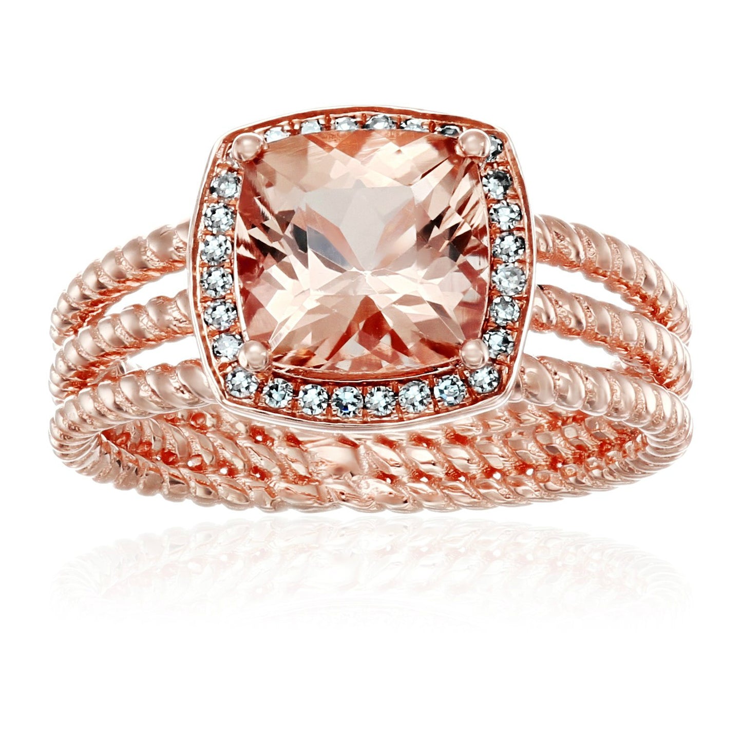 10k Rose Gold AAA Morganite And Diamond Cushion Halo Engagement Ring (1/10cttw, H-I Color, I1-I2 Clarity), - pinctore