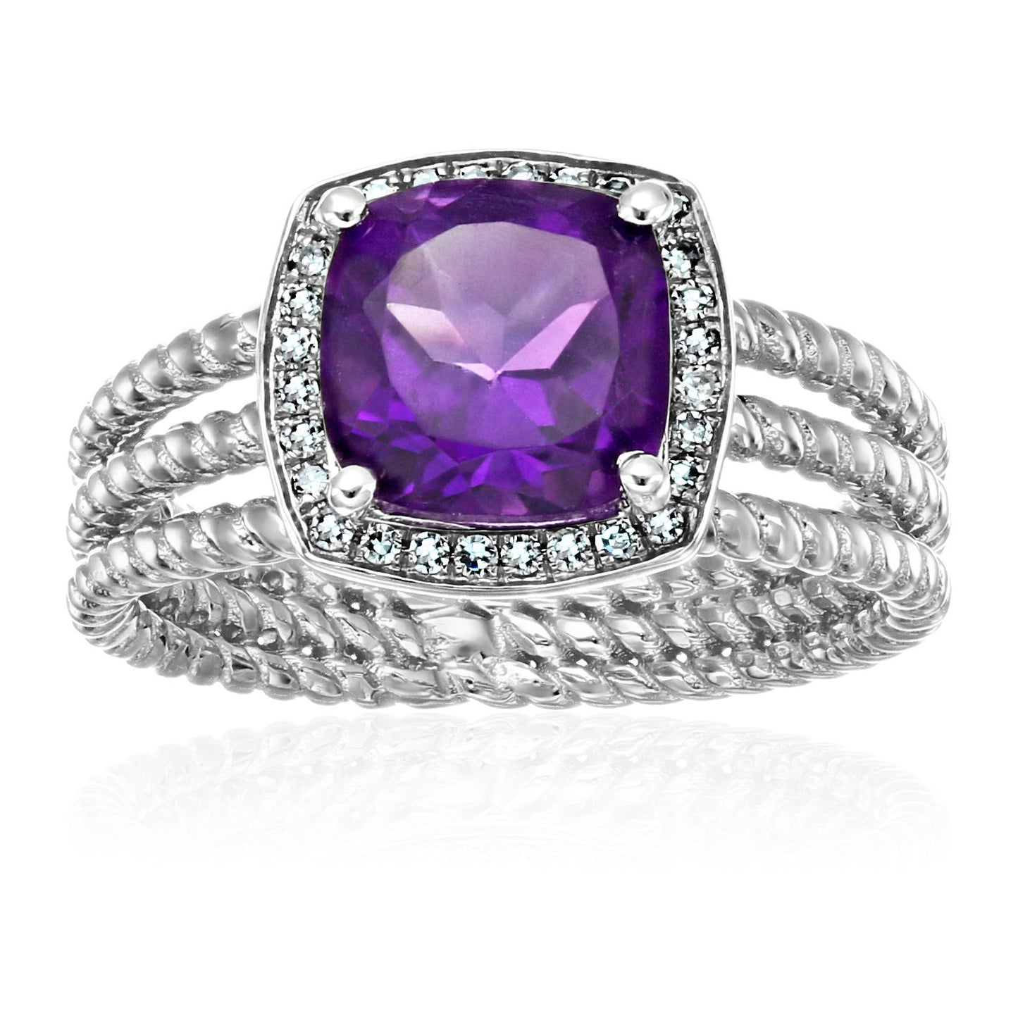 Pinctore Sterling Silver African Amethyst And Created White Sapphire Cushion Halo Engagement Ring - pinctore