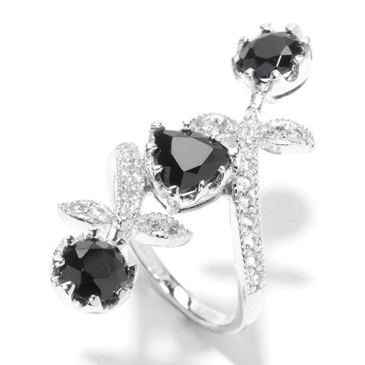 Pinctore Sterling Silver 4.08ctw Black Spinel & White Topaz Flower Bypass Ring - pinctore