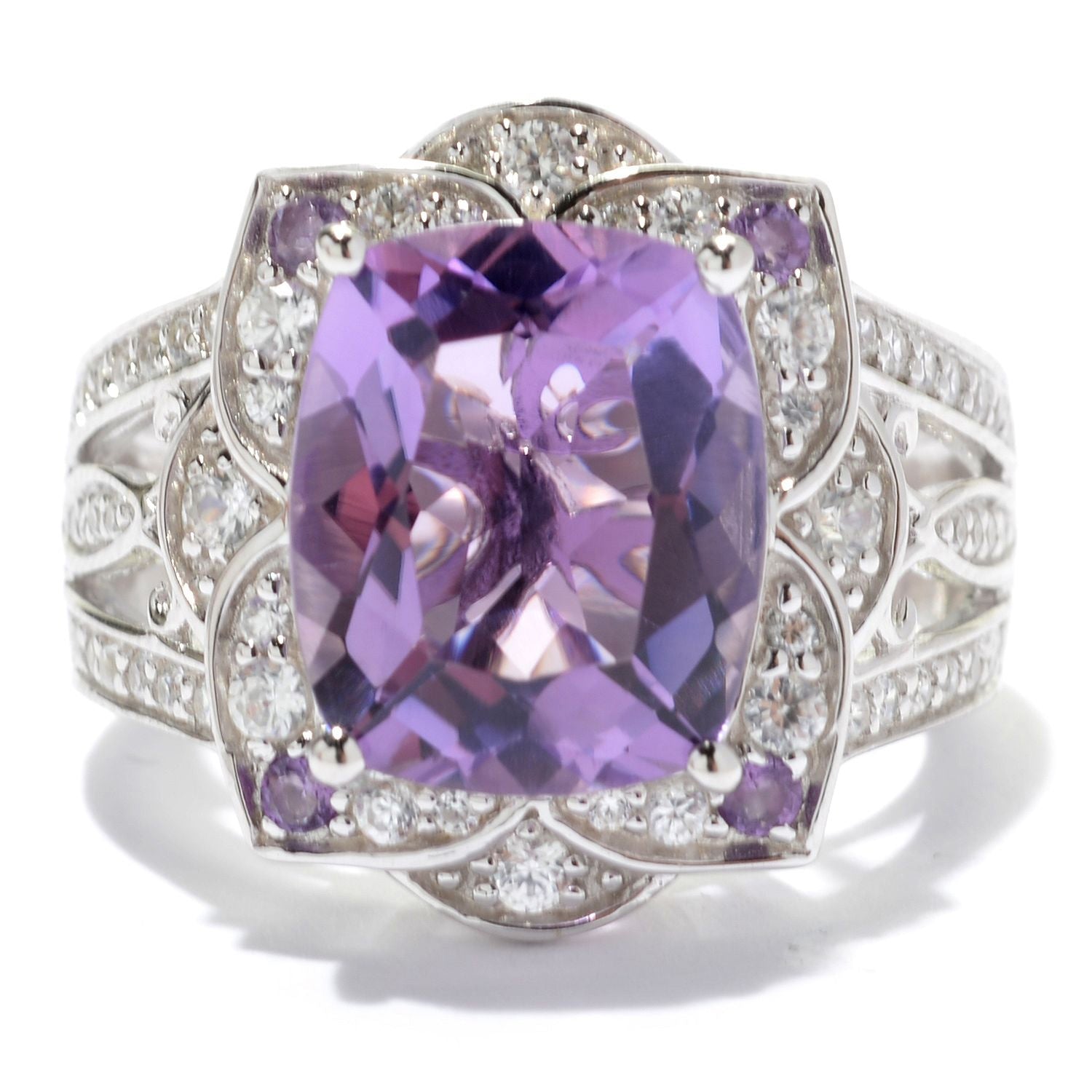 925 Sterling Silver African Amethyst, Pink Amethyst, White Natural Zircon Ring - Pinctore