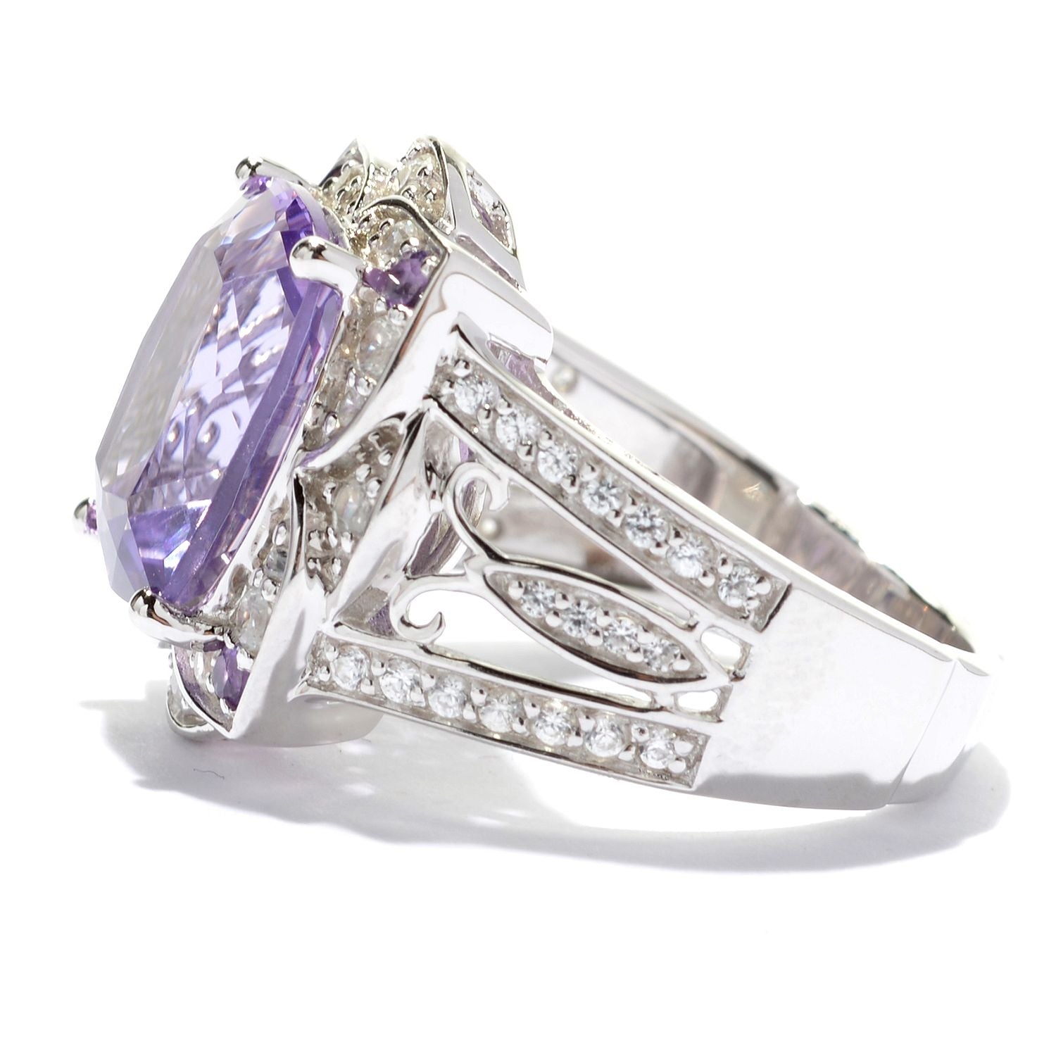925 Sterling Silver African Amethyst, Pink Amethyst, White Natural Zircon Ring - Pinctore