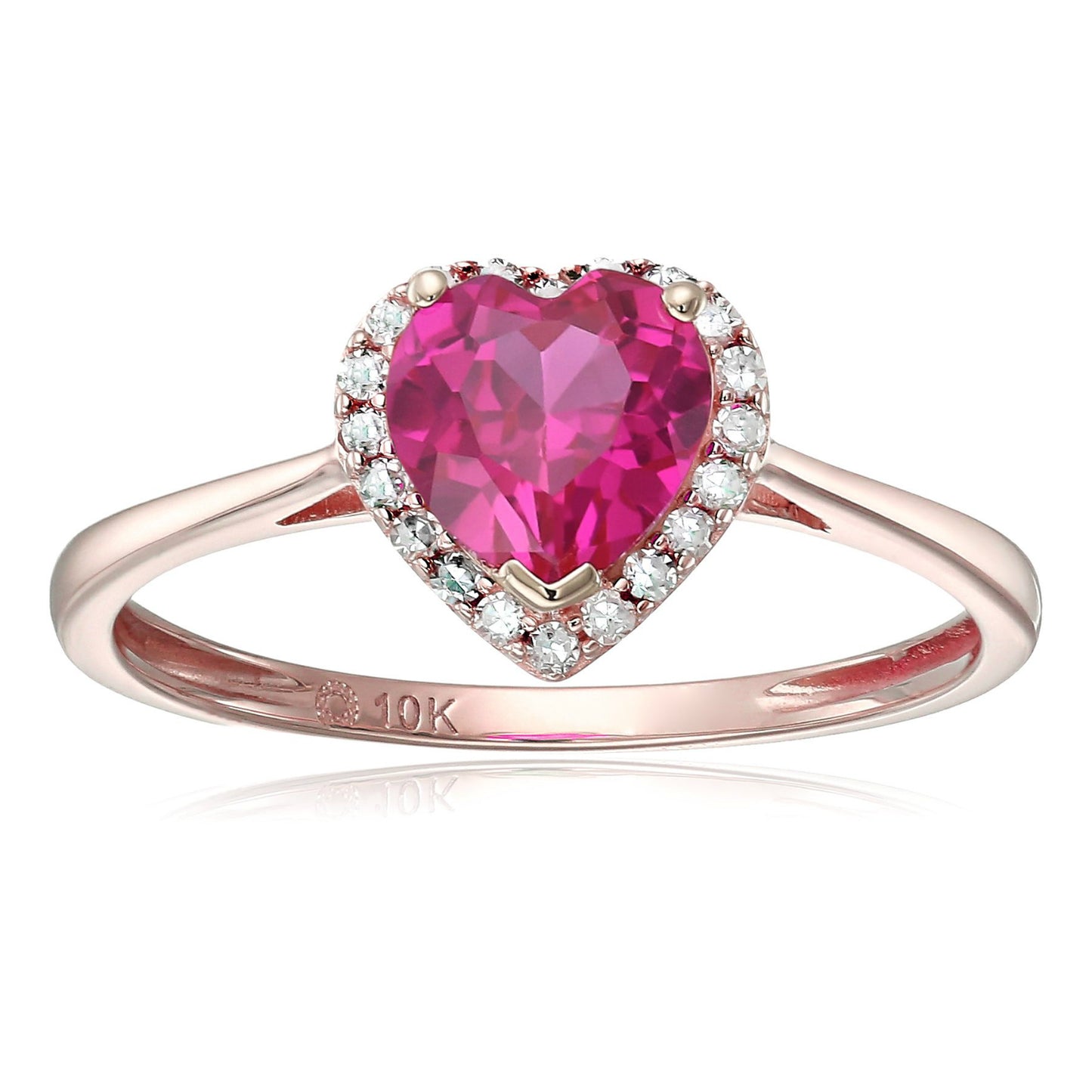 10k Rose Gold Created Ruby And Diamond Solitaire Heart Halo Engagement Ring (1/10cttw, H-I Color, I1-I2 Clarity), - pinctore