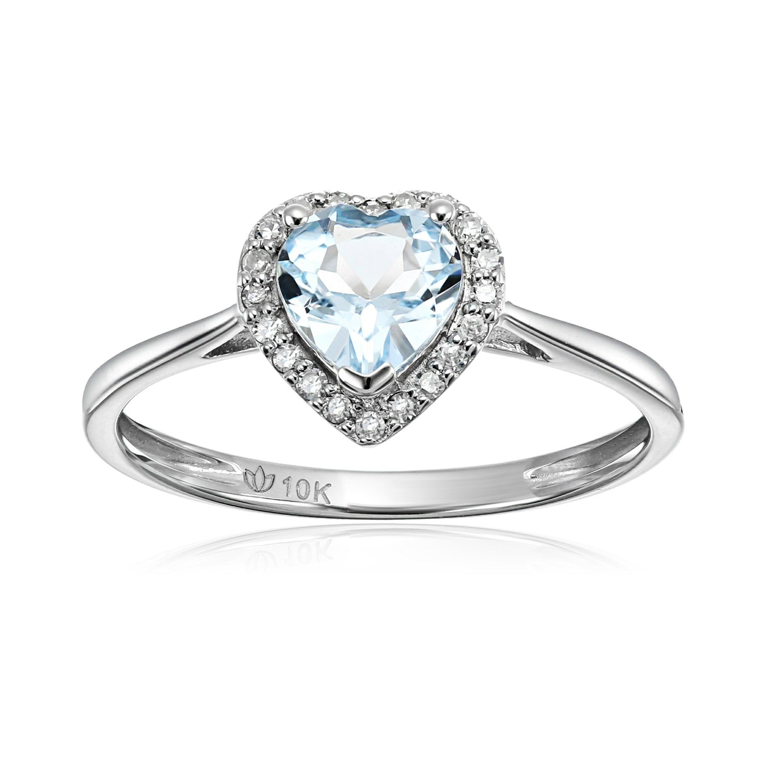 10k White Gold Aquamarine and Diamond Solitaire Heart Halo Engagement Ring (1/10cttw, H-I Color, I1-I2 Clarity), - pinctore