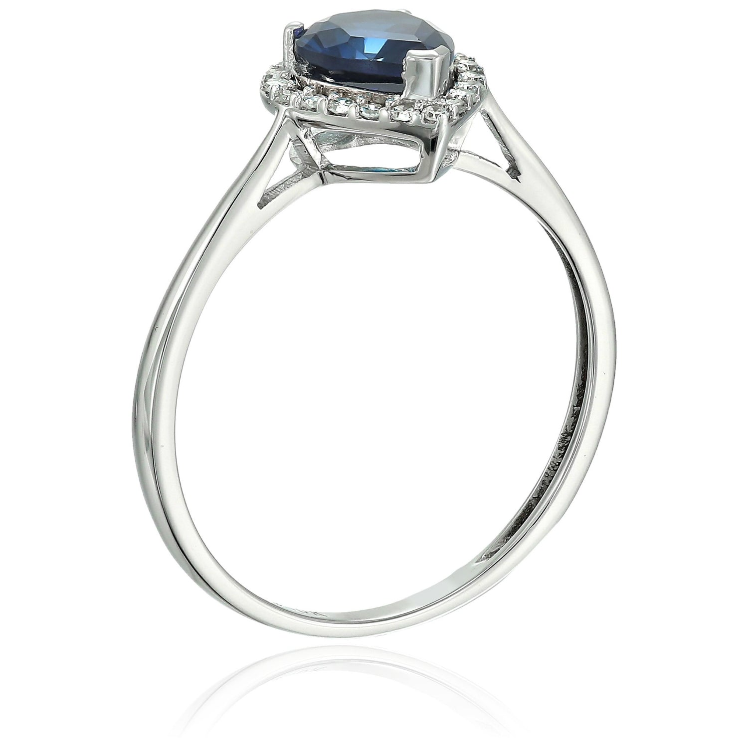 Pinctore 10k White Gold Created Blue Sapphire & Di Solitaire Heart Halo Ring - pinctore