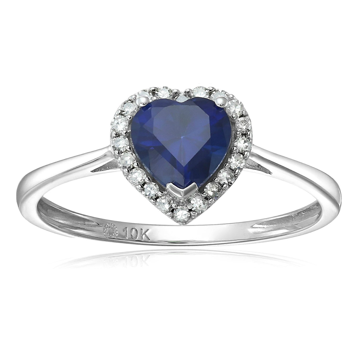 Pinctore 10k White Gold Created Blue Sapphire & Di Solitaire Heart Halo Ring - pinctore