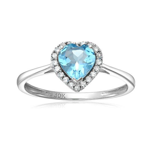 10k White Gold Swiss Blue Topaz And Diamond Solitaire Heart Halo Engagement Ring (1/10cttw, H-I Color, I1-I2 Clarity), - pinctore