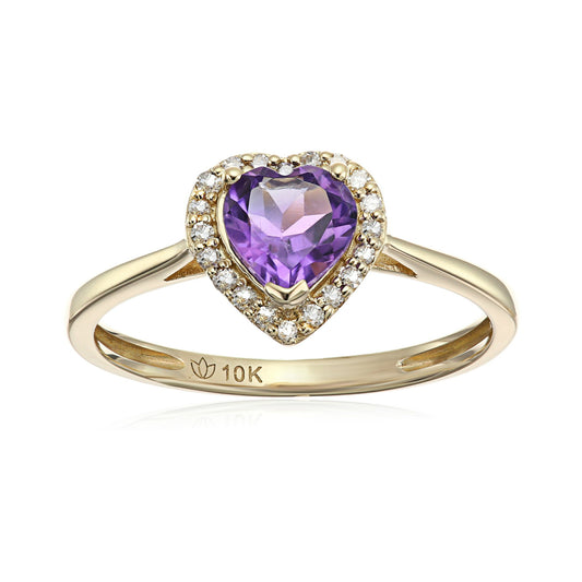 10k Yellow Gold African Amethyst and Diamond Solitaire Heart Halo Engagement Ring (1/10cttw, H-I Color, I1-I2 Clarity), - pinctore