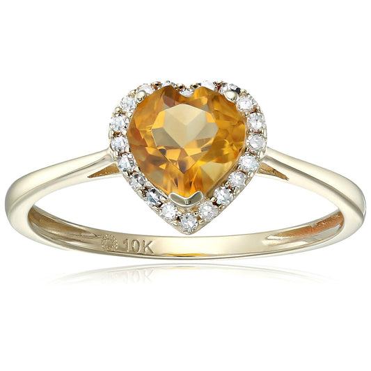 Pinctore 10k Yellow Gold Citrine And Diamond Solitaire Heart Halo Engagement Ring - pinctore