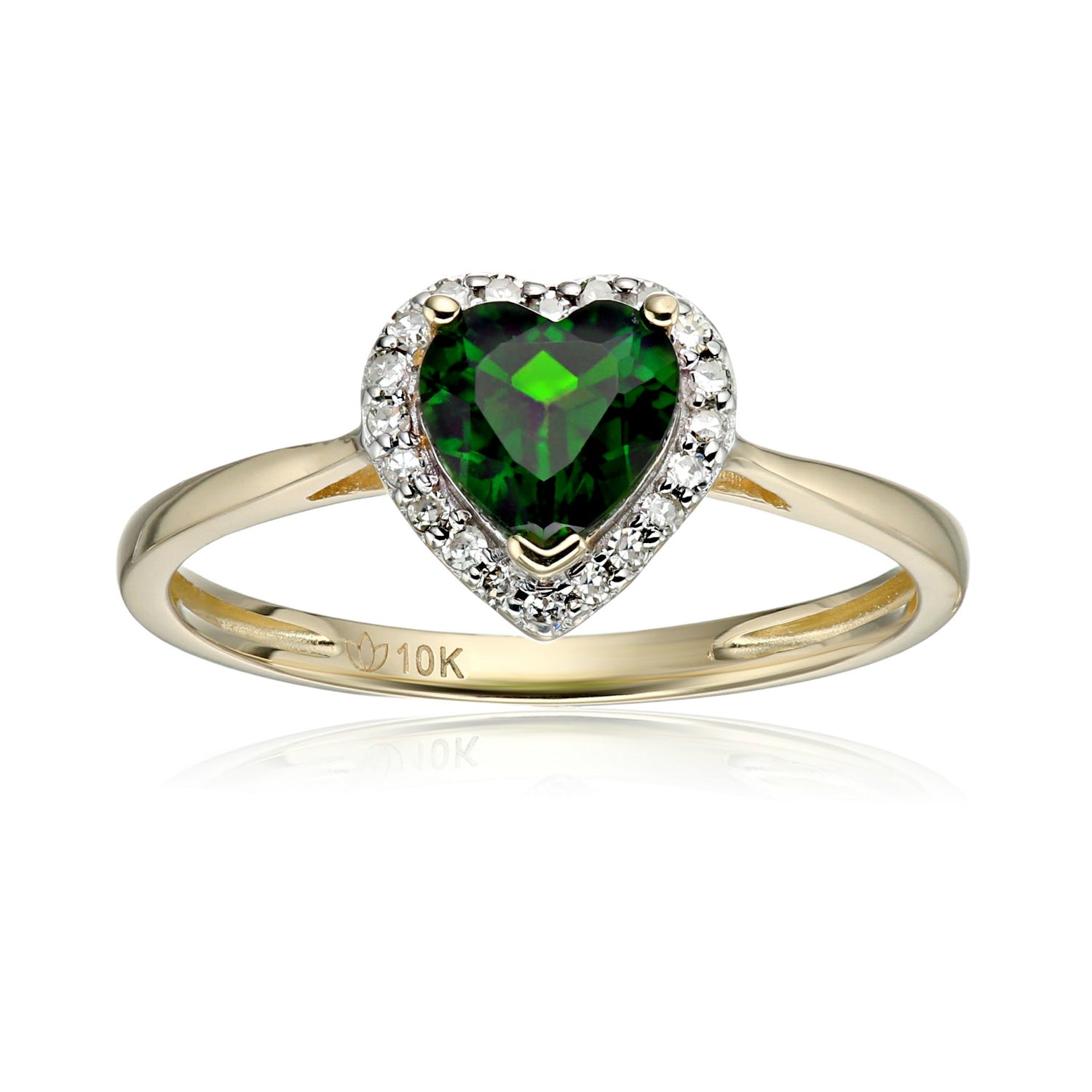 10k Yellow Gold Chrome Diopside and Diamond Solitaire Heart Halo Engagement Ring (1/10cttw, H-I Color, I1-I2 Clarity), - pinctore