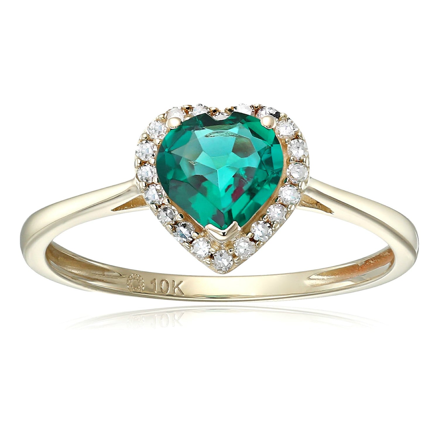 10k Yellow Gold Created Emerald And Diamond Solitaire Heart Halo Engagement Ring (1/10cttw, H-I Color, I1-I2 Clarity), - pinctore