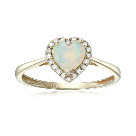 10k Yellow Gold Ethiopian Opal And Diamond Solitaire Heart Halo Engagement Ring (1/10cttw, H-I Color, I1-I2 Clarity), - pinctore