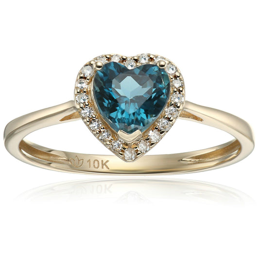 10k Yellow Gold London Blue Topaz and Diamond Solitaire Heart Halo Engagement Ring (1/10cttw, H-I Color, I1-I2 Clarity), - pinctore