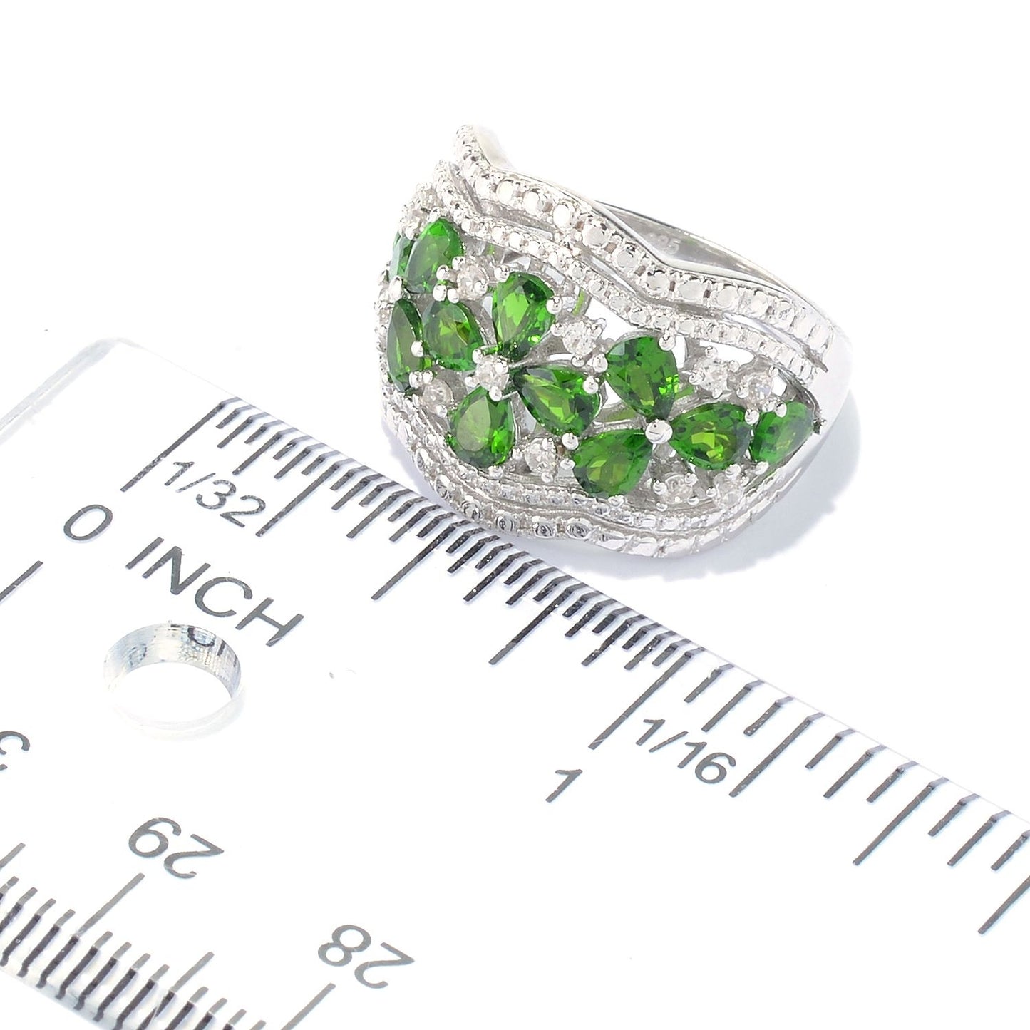 Chrome Diopside & White Zircon Floral Scalloped Wide Band Ring - Pinctore