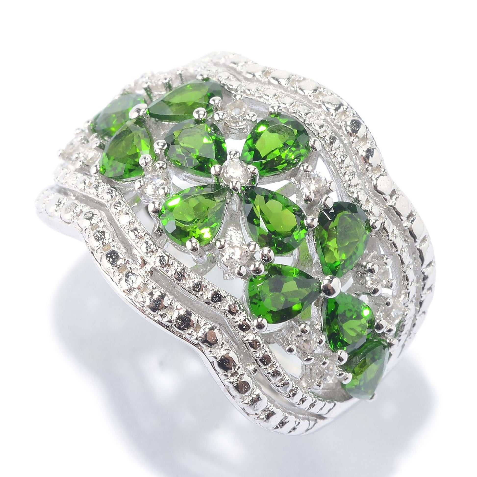 Chrome Diopside & White Zircon Floral Scalloped Wide Band Ring - Pinctore