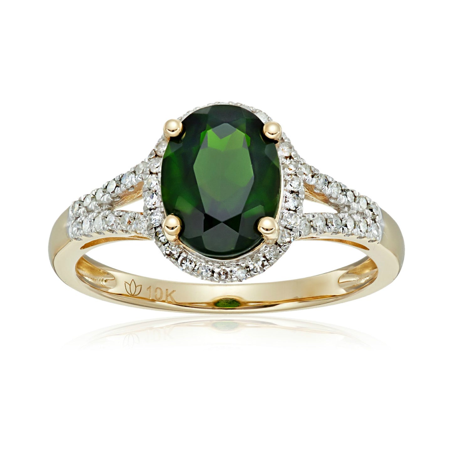 10k Yellow Gold Chrome Diopside and Diamond Oval Halo Engagement Ring (1/5cttw, H-I Color, I1-I2 Clarity), - pinctore