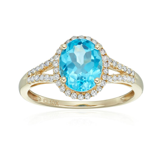 10k Yellow Gold Swiss Blue Topaz and Diamond Oval Halo Engagement Ring (1/5cttw, H-I Color, I1-I2 Clarity), - pinctore