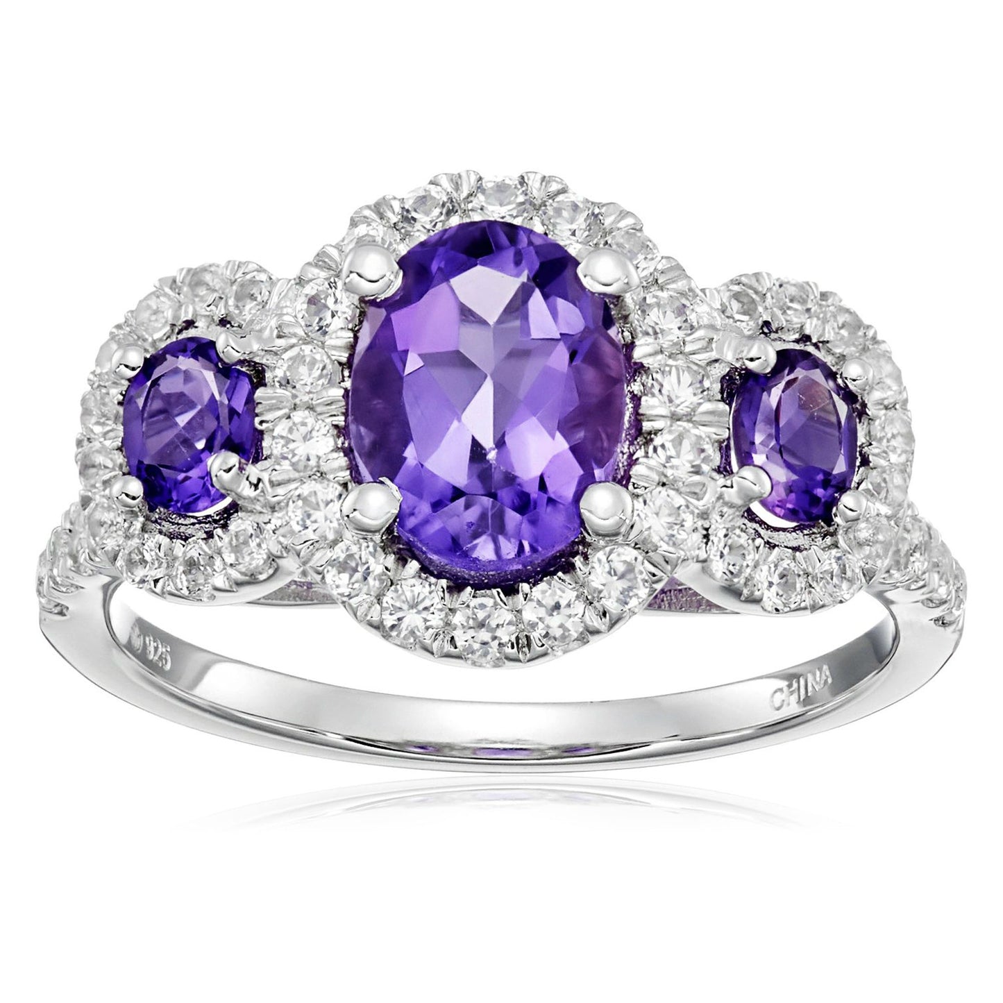 925 Sterling Silver African Amethyst, Created White Sapphire Ring - Pinctore