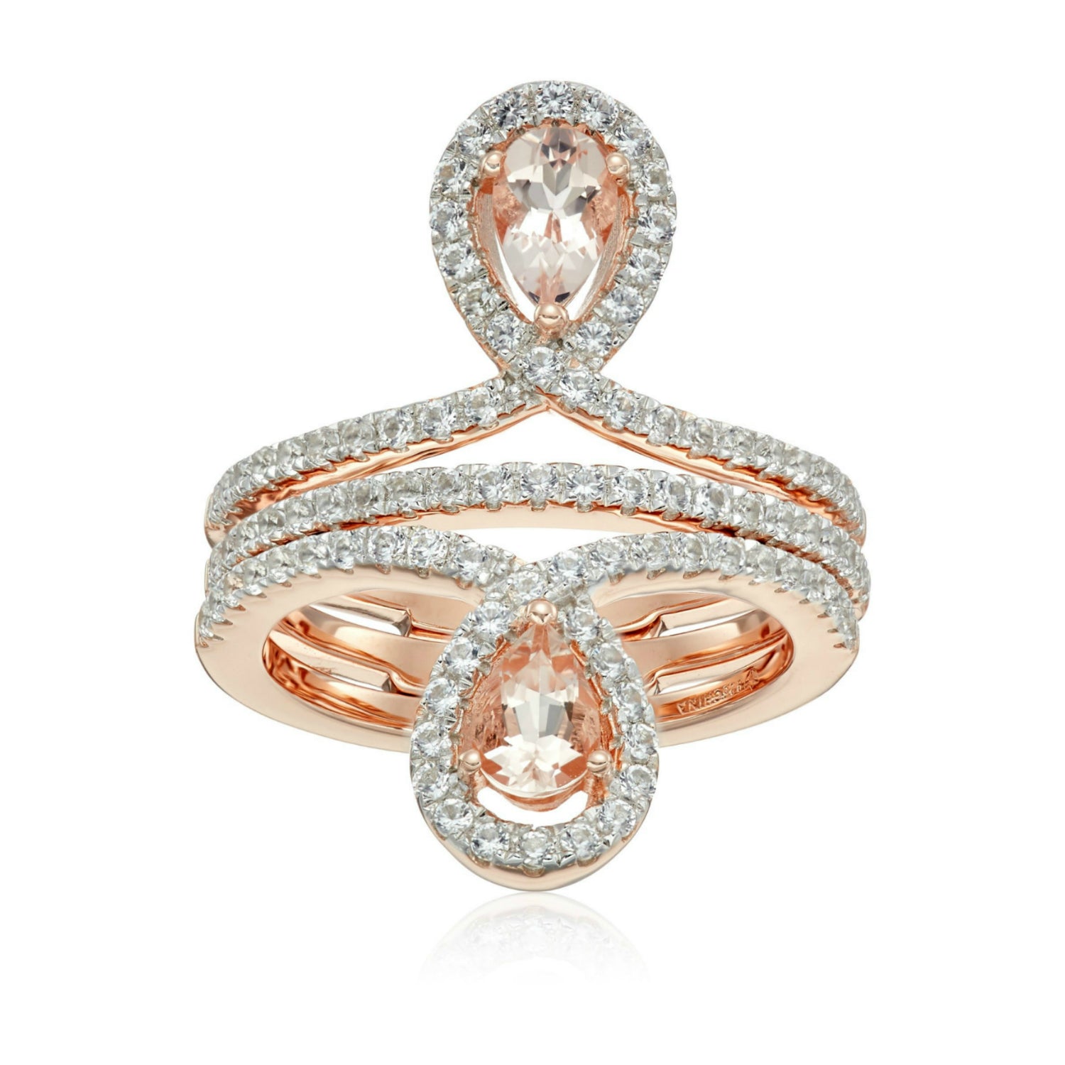 Pinctore Rose Gold-Plated Silver Morganite Created Sapphire Inverted pair Ring - pinctore