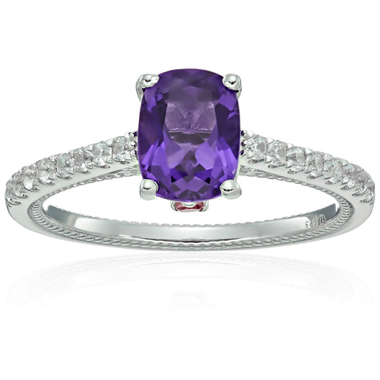 Sterling Silver African Amethyst, Pink Tourmaline And Natural White Zircon Cushion Solitaire Engagement Ring - pinctore