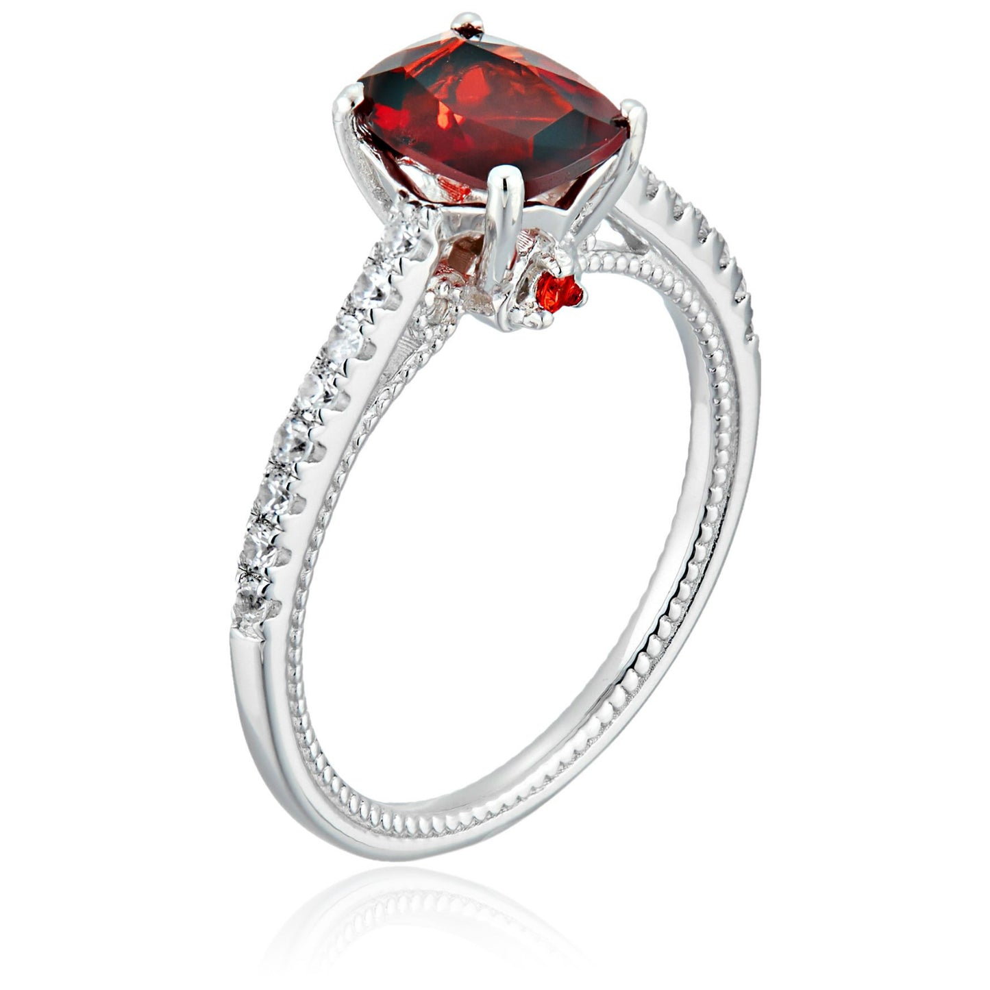 Sterling Silver Red Garnet, Orange Sapphire And Natural White Zircon Cushion Solitaire Engagement Ring - pinctore