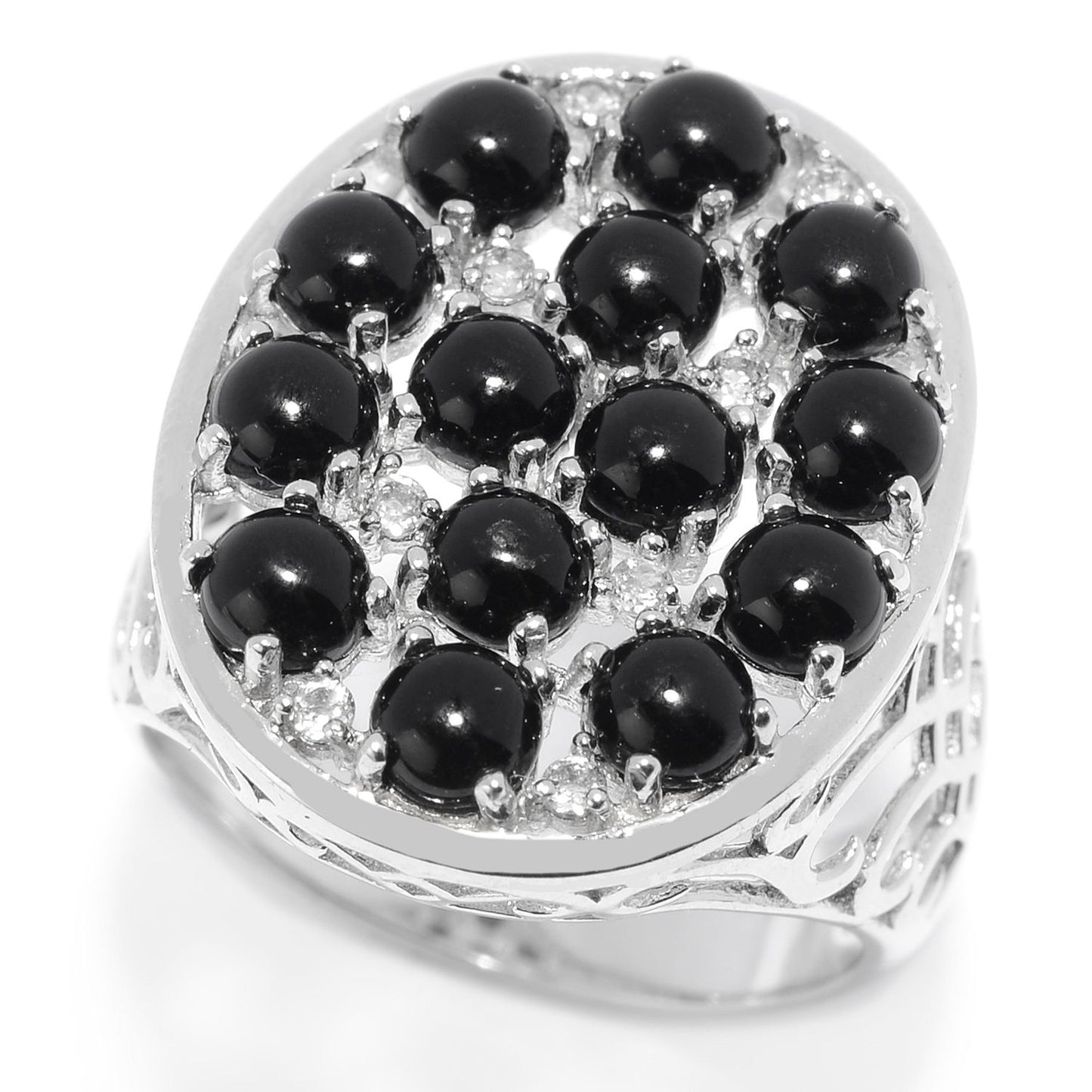 Pinctore Sterling Silver Black Onyx & White Topaz Oval Shaped Ring - pinctore