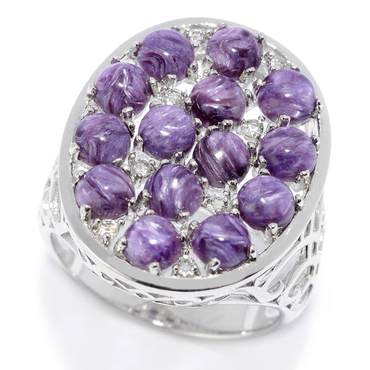 Pinctore Sterling Silver Charoite & White Topaz Oval Shaped Ring - pinctore