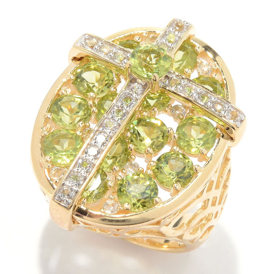 Pinctore 18K Yellow Gold Over Silver 4.9ctw Peridot & White Topaz Cross Cluster Ring - pinctore