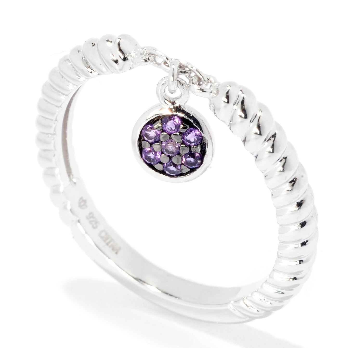 Pinctore Sterling Silver Round Amethyst Dangle Charm Stack Band Ring - pinctore
